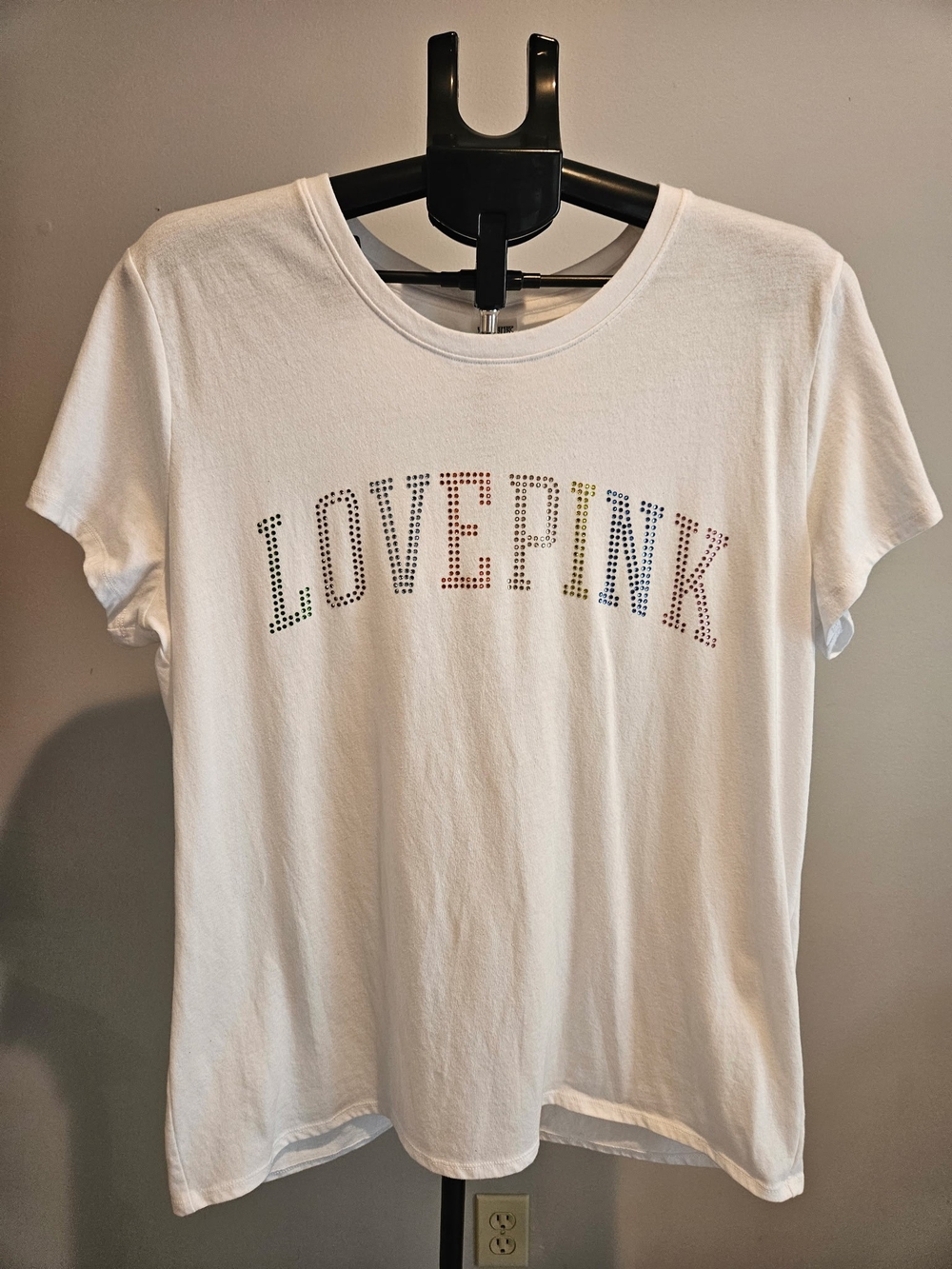 PINK Victoria's Secret White Tee with Multicolor Rhinestone LOVE PINK
